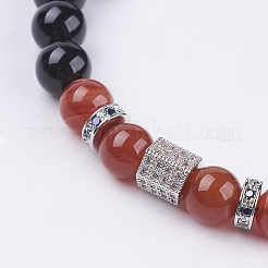 Natural Carnelian(Dyed & Heated) & Black Obsidian & Cubic Zirconia Beaded Stretch Bracelet&nbsp;BJEW-P188-06A-01