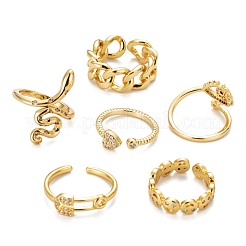 6Pcs 6 Styles Adjustable Brass Micro Pave Clear Cubic Zirconia Cuff Rings&nbsp;RJEW-LS0001-29G