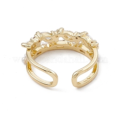 Clear Cubic Zirconia Horse Eye Open Cuff Ring with Plastic Pearl Beaded&nbsp;RJEW-G276-12G