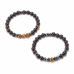 2Pcs 2 Style Natural Wood & Tiger Eye & Synthetic Hematite Stretch Bracelets Set&nbsp;BJEW-JB07940