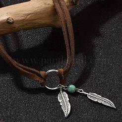 Bohemian Style Alloy Feather with Synthetic Turquoise Pendant Choker Necklaces for Women&nbsp;NJEW-G158-01B