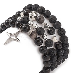 4Pcs 4 Style Natural Silver Obsidian & Lava Rock Stretch Bracelets Set&nbsp;BJEW-JB09480