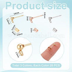 60Pcs 3 Color 304 Stainless Steel Ball Stud Earring Post with Loop&nbsp;FIND-UN0001-14