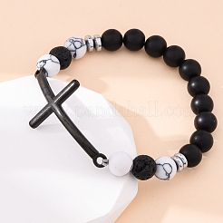 Round Natural Black Agate & Lava Rock & Synthetic Howlite Bead Stretch Bracelets&nbsp;BJEW-F493-04EB-01