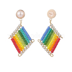 Japanese Seed Braided Rhombus Dangle Stud Earrings with Plastic Pearl Beaded&nbsp;EJEW-TA00170