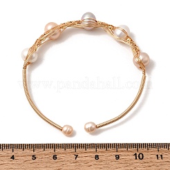 Brass Wire Wrapped Natural Pearl Cuff Bangles for Women&nbsp;BJEW-D453-01G