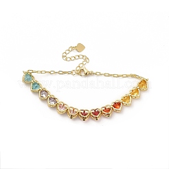 Colorful Cubic Zirconia Heart Link Bracelet&nbsp;BJEW-E073-02G