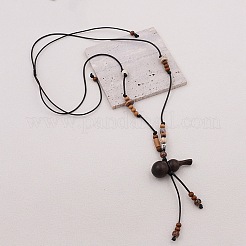 Wood Gourd Pendant Adjustable Braided Waxed Cord Necklaces with Porcelain Beads for Women&nbsp;WGF2CB3-01