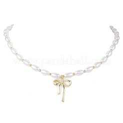 Alloy Crystal Rhinestone Bowknot Pendant Plastic Imitation Pearl Oval Beaded Necklaces for Women&nbsp;NJEW-JN05368