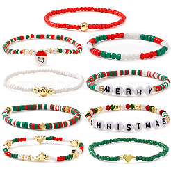 9Pcs Christmas Acrylic & Polymer Clay & Glass Beads Stretch Bracelets&nbsp;QX4351-7
