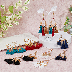 6 Pairs 6 Colors Leaf & Cotton Tassel Chandelier Earrings&nbsp;EJEW-FI0003-14