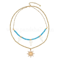Natural Freshwater Shell & Alloy Glass Sun Pendant Synthetic Turquoise Round Beaded & 304 Stainless Steel Chain Double Layered Necklaces for Women&nbsp;NJEW-JN05469-04