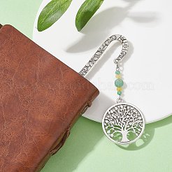 Natural Malaysia Jade & Green Aventurine Beaded Pendant Bookmarks with Alloy Tree of Life&nbsp;AJEW-JK00255-04
