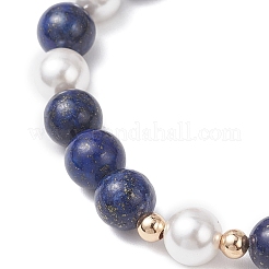 Natural Lapis Lazuli & Synthetic Moonstone & Shell Pearl Round Beaded Stretch Bracelets for Women&nbsp;BJEW-JB12548