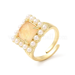Ion Plating(IP) Natural Mixed Gemstone Square Adjustable Ring with Plastic Pearl Beaded&nbsp;RJEW-E075-04G