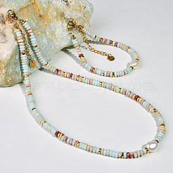 Natural Shoushan Stone & Freshwater Pearl & Brass Rondelle Beaded Necklaces & Beaded Bracelets Sets&nbsp;WG98AF4-01