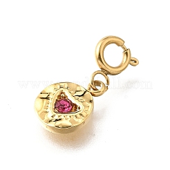 Flat Round with Heart 304 Stainless Steel Rhinestone Pendant Decorations&nbsp;STAS-H202-11G