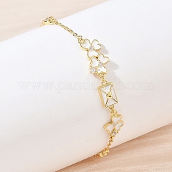Brass Pave Clear Cubic Zirconia Clover Envelope Link Bracelets&nbsp;KK-CBA6980-18G