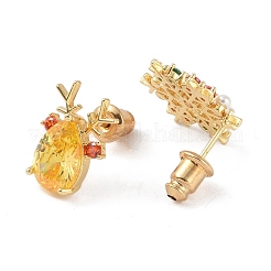 Christmas Snowflake & Deer Brass Pave Colorful Cubic Zirconia & Plastic Pearl Asymmetrical Stud Earrings for Women&nbsp;EJEW-M257-02G