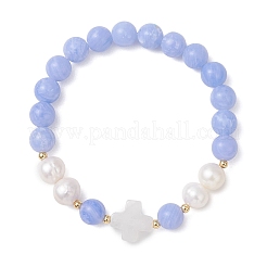 Natural Blue Lace Agate & Cultured Freshwater Pearl Round Beads Stretch Bracelets for Women&nbsp;BJEW-JB13086-01