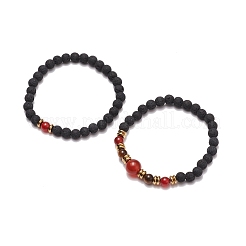 2Pcs 2 Style Synthetic Lava Rock & Natural Red Agate Carnelian(Dyed & Heated) & Tiger Eye Beaded Stretch Bracelets Set&nbsp;BJEW-JB08698