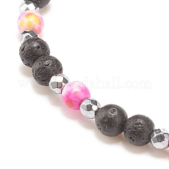 Natural & Synthetic Mixed Gemstone Beaded Stretch Bracelet with Clear Cubic Zirconia Cross for Women&nbsp;BJEW-JB08247-04