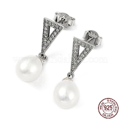 Anti-Tarnish Cubic Zirconia Triangle with Natural Pearl Dangle Stud Earrings&nbsp;EJEW-F318-05P