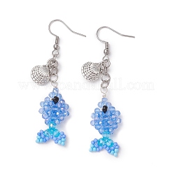 Fish with Shell Shape 304 Stainless Steel Glass Beads Dangle Earrings&nbsp;EJEW-MZ00436-04