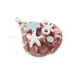 Natural Scallop Shell & Resin Flower & ABS Plastic Imitation Pearl Bowknot Pendants&nbsp;PALLOY-JF03891