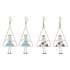 2Pair Girl with Triangle Brass Glass Seed Beads Dangle Earrings&nbsp;EJEW-MZ00453