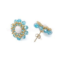 3 Pairs Flower Glass Seed Beaded with Natural Mashan Jade Stud Earrings for Women&nbsp;EJEW-MZ00208