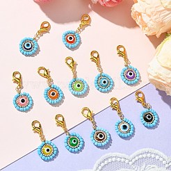 12Pcs 12 Colors Flat Round with Evil Eye Resin & Glass Seed Pendant Decorations&nbsp;HJEW-MZ00094