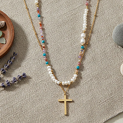 304 Stainless Steel Cross Pendant Paux Pearl & Glass & Natural Mixed Stone Beaded Double Layer Necklaces for Women&nbsp;RM5480