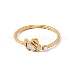 304 Stainless Steel & Natural Shell & Imitation Pearl Cuff Rings for Women&nbsp;RJEW-G372-01G-02