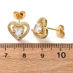 Brass Micro Pave Clear Cubic Zirconia Heart Stud Earrings&nbsp;EJEW-K267-20G