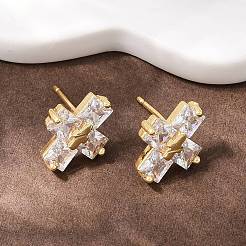 Brass Micro Pave Clear Cubic Zirconia Cross Stud Earrings&nbsp;EJEW-F400-22A-G