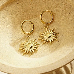 304 Stainless Steel Sun Dangle Earrings for Women, Real 18K Gold Plated, 23x18mm