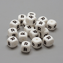 Food Grade Eco-Friendly Silicone Beads, Letter Style, Cube, Letter.R, 12x12x12mm, Hole: 2mm