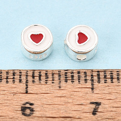 925 Sterling Silver Enamel Flat Round with Red Heart Beads&nbsp;STER-T009-22S
