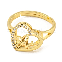 Heart with Letter Rack Plating Brass Micro Pave Cubic Zirconia Adjustable Rings for Women&nbsp;RJEW-I105-06G-A