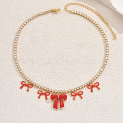 Elegant Brass Pave Clear Cubic Zirconia Tennis Chain 5 Bowknot Pendant Bib Necklaces for Women&nbsp;JW2692