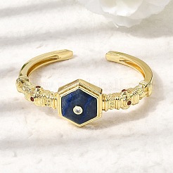 Hexagon Brass Pave Natural Gemstone & Cubic Zirconia Cuff Bangles for Women&nbsp;BJEW-Z172-01G