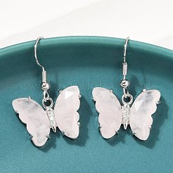 Natural Rose Quartz Brass Dangle Earrings&nbsp;EJEW-M081-01P-02