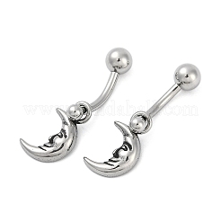 Crescent Moon Face 316 Surgical Stainless Steel Dangle Belly Button Rings&nbsp;EJEW-G416-14AS