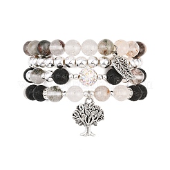 4Pcs 4 Styles Natural Green Lodolite Quartz & Lava Rock Beaded Stretch Bracelet & Alloy Charms Bracelets Sets for Women&nbsp;BJEW-JB12489