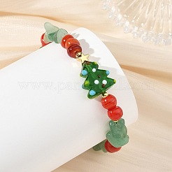 Handmade Lampwork Christmas Tree & Natural Green Aventurine & dyed Freshwater Shell Chip Beaded Bracelets&nbsp;BJEW-TA00760