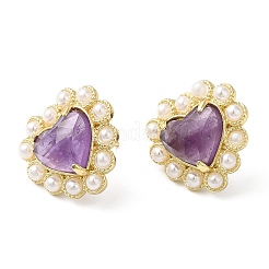 Ion Plating(IP) Natural Amethyst Heart Stud Earrings with Plastic Pearl Beaded&nbsp;EJEW-E599-02G-02