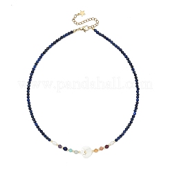 Natural Pearl & Star Moon White Shell & Faceted Round Natural Lapis Lazuli Beaded Necklaces for Women&nbsp;NJEW-JN06089