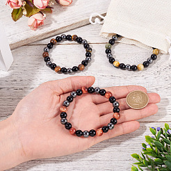 3Pcs 3 Styles 8MM Round Natural Tiger Eye & Black Onyx & Black Obsidian & Synthetic Non-Magnetic Hematite Beads Stretch Bracelets for Women Men&nbsp;BJEW-TA0001-20