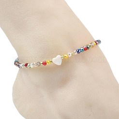 Natural Freshwater Shell Heart & Faceted Rondelle Electroplate Glass Beaded Anklets for Women&nbsp;AJEW-AN00791-01
